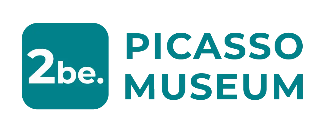 Logo des Picasso-Museums mit "2be." in einem türkisfarbenen runden Quadrat.