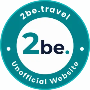 Logotipo del sitio web no oficial 2be.travel con diseño de círculos blancos y azules.